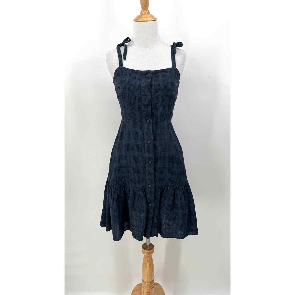 CREATURES OF COMFORT Linen Button Front Dress Womens 0 Blue Plaid Tie Shoulder